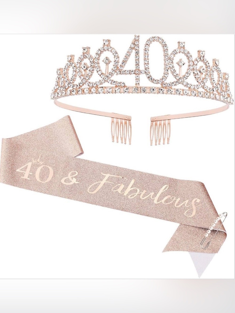 NEW 40th Birthday Crown + Sash + Pearl Pin Set